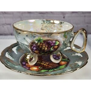 Royal Halsey Fruit Luster Green Pierced Footed Teacup & Saucer Pineapple Vintage